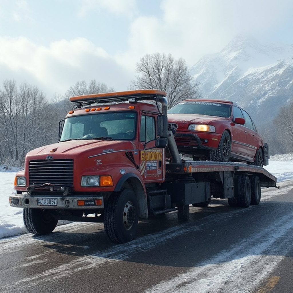 Эвакуатор в Кемерово на дороге, перевозящий легковой автомобиль на платформе.
