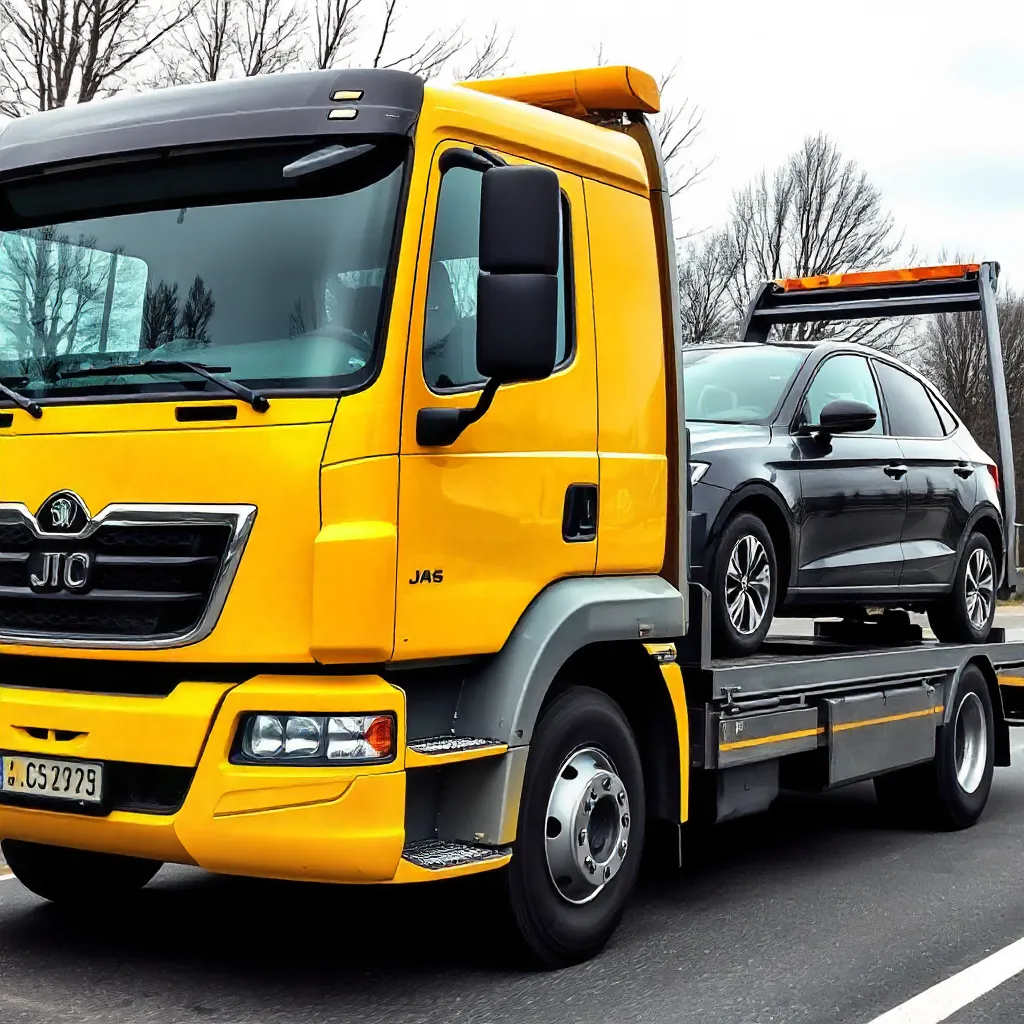 Профессиональные грузчики аккуратно загружают автомобиль на эвакуатор, обеспечивая его безопасность